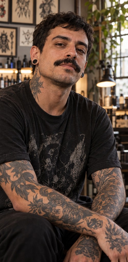Caio, personagem fictício: tatuador com camiseta preta, tatuagens e alargadores