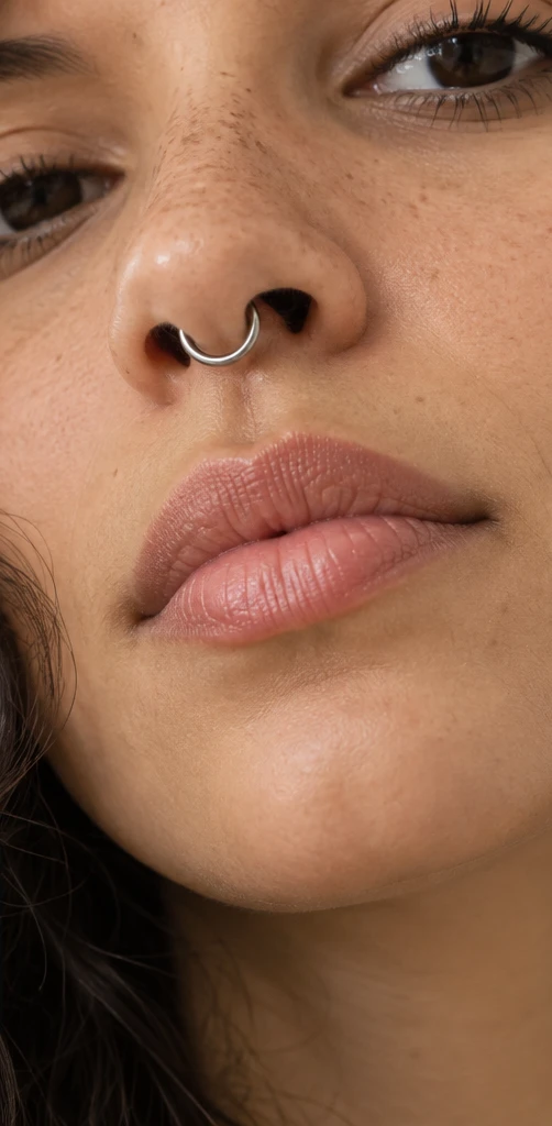 Exemplo ilustrativo de piercing no septo com argola prateada