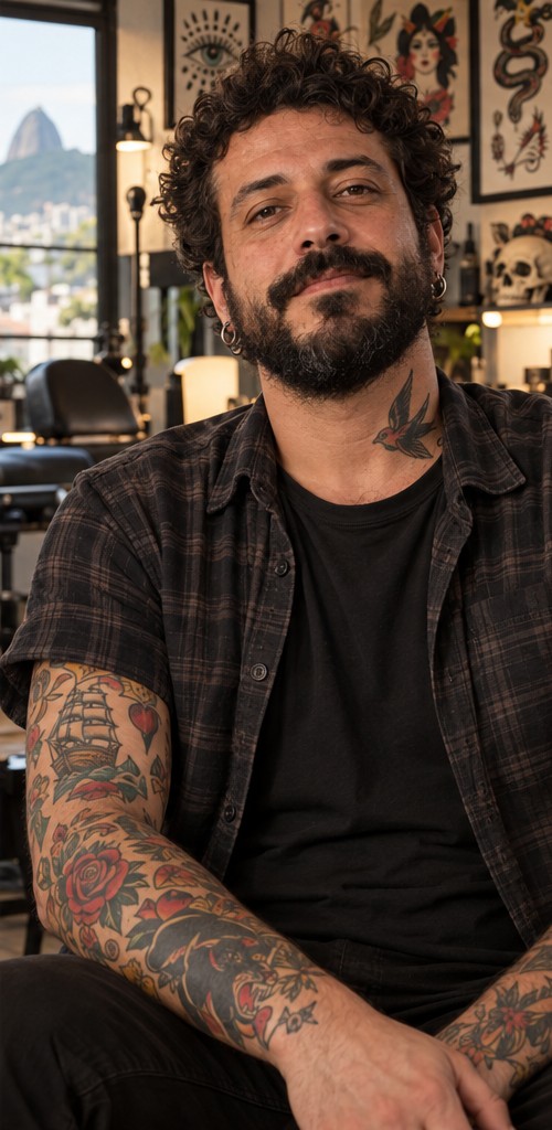 Rafa, personagem fictício: camisa xadrez, piercings e tatuagens coloridas