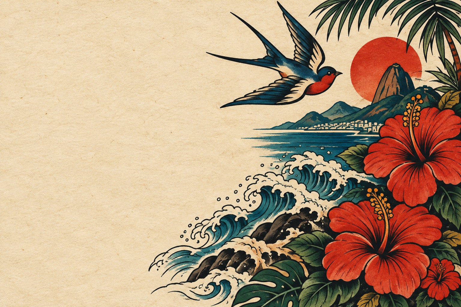 Ilustração tattoo colorida com ondas, hibiscos e uma andorinha